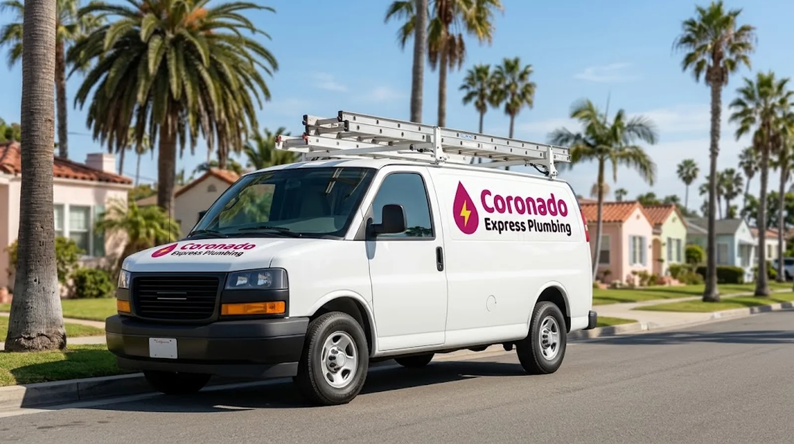 White Coronado Express Plumbing service van with a roof ladder rack parked at the curb on a palm-lined residential street