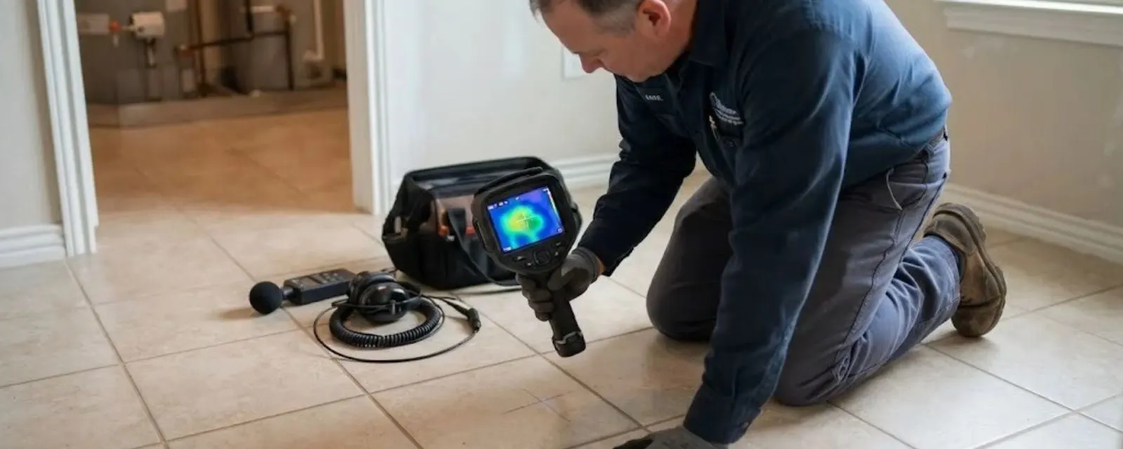 Leak detection: technician scanning a tile floor with a thermal imaging camera to find a hidden leak