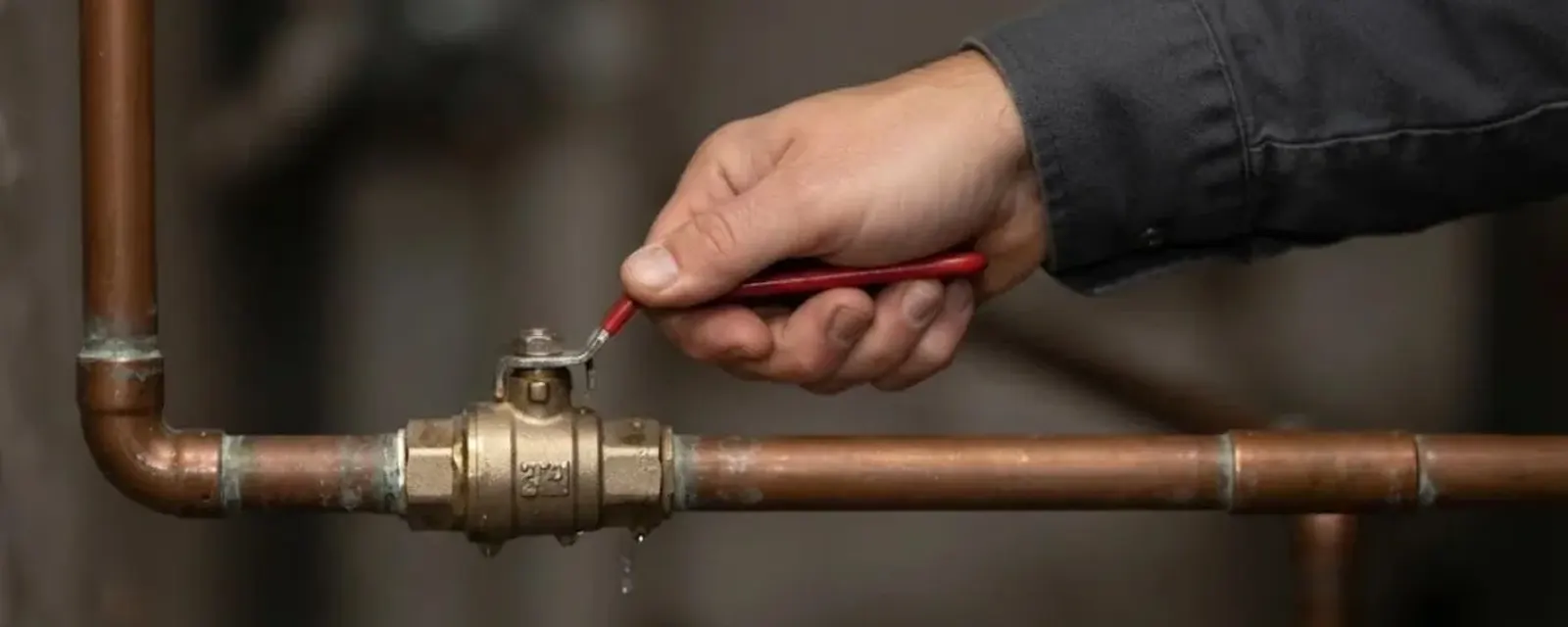 Main water shutoff valve: hand turning the handle of a main water shutoff valve on a copper line