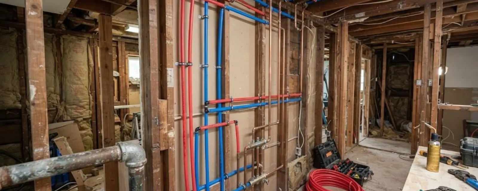 Repiping: exposed wall framing with new red and blue PEX supply lines run through a home