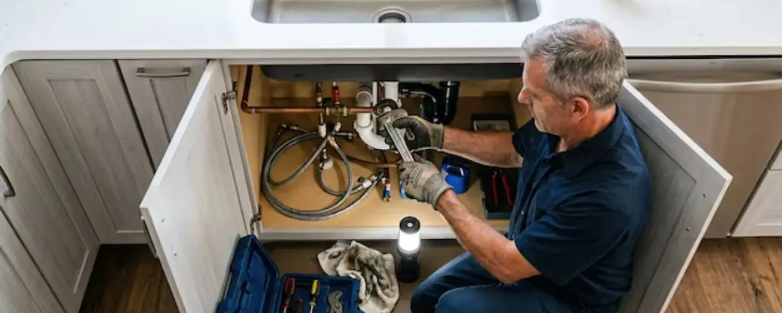 Plumbing services: plumber working under a kitchen sink with a tool bag open beside him