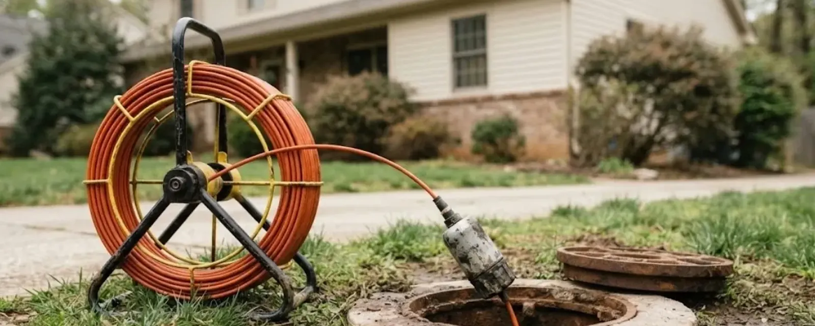 Sewer camera inspection: sewer camera reel set up beside an open cleanout in front of a house