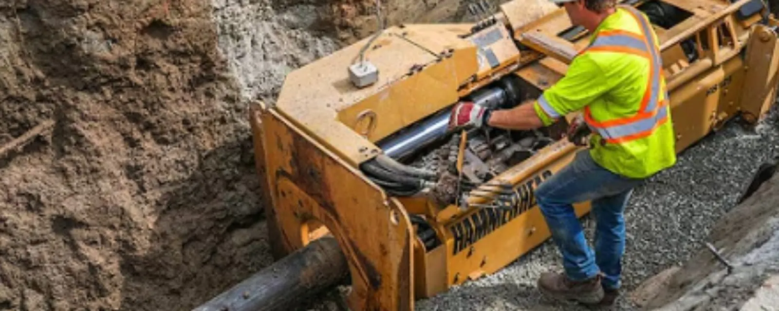 Sewer line repair: worker in a trench handling a section of sewer pipe with repair equipment