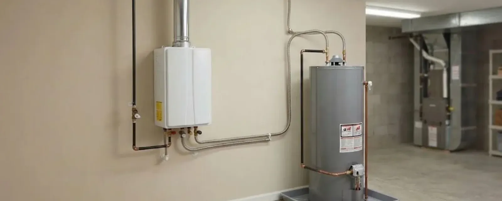 Tankless water heater: wall-mounted tankless water heater with gas and water connections beside a tank heater