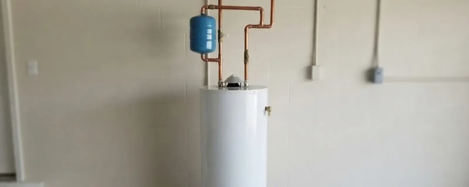 Water heater installation: tank water heater with an expansion tank and copper piping against a garage wall