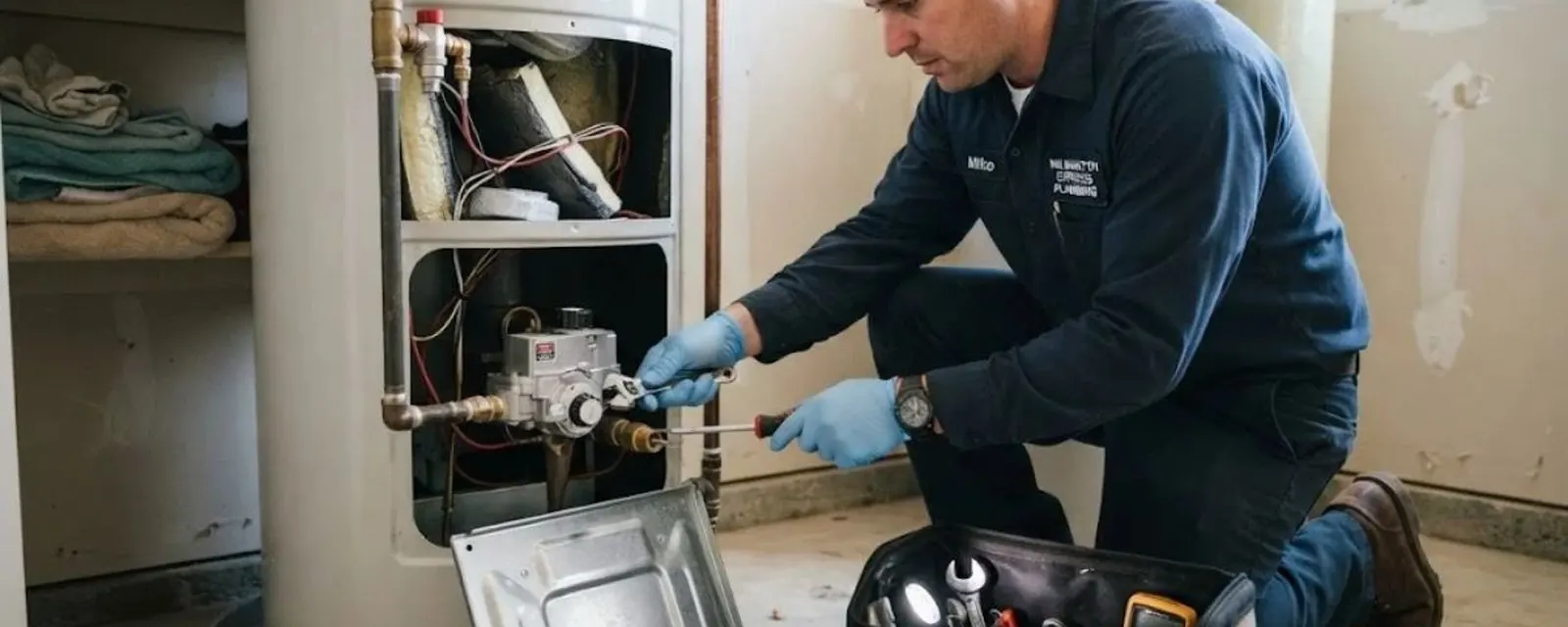 Water heater repair: technician servicing the controls on a tank water heater