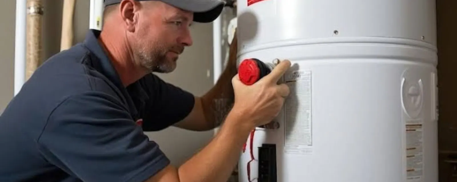 Water heater replacement: technician adjusting the temperature control on a tank water heater