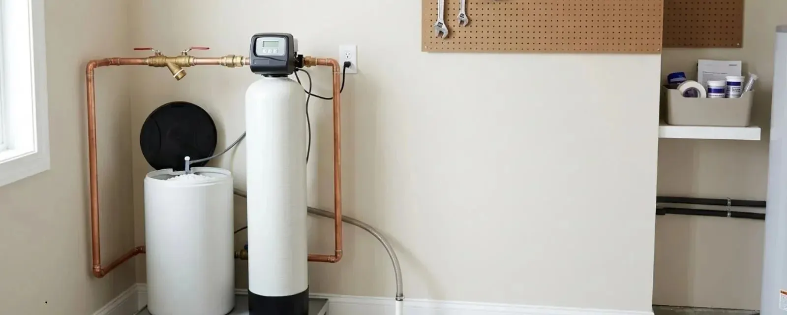Water softener and filtration: water softener and brine tank installed on a utility room wall